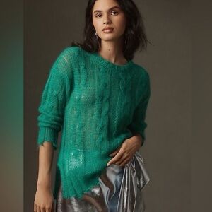 Anthropologie The Posey Stitchy Teal Distressed Sweater